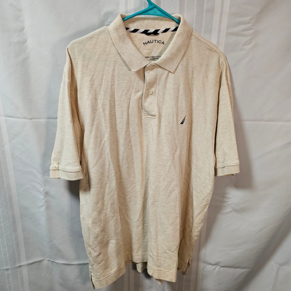 Nautica Polo Shirt Mens L Beige Pima Cotton Short Sleeve Classic Fit Logo Snag